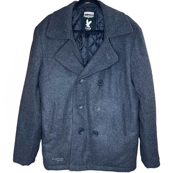 Surplus Raw Vintage Mens Wool Blend Gray Double Breasted Pea Coat Large - Picture 1 of 9